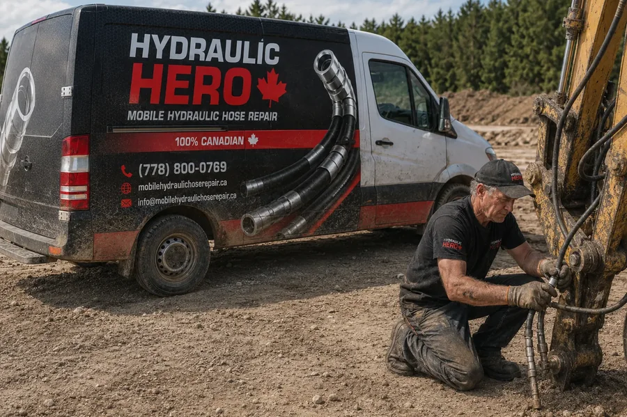 Mobile hydraulic hose repair on an excavator in Burnaby.