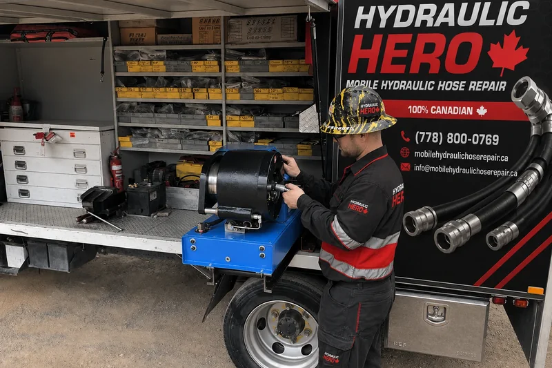 Technician crimping a replacement hydraulic hose on-site.